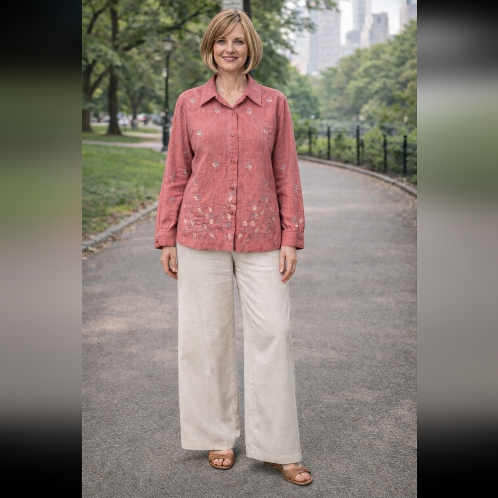 Lemon Grass Coral Orange Button-Down Shirt Embroidered Silver Detail 100% Cotton